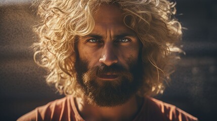 Photorealistic Adult Persian Man with Blond Curly Hair Futuristic Illustration. Portrait of a person in cyberpunk style. Cyberspace Ai Generated Horizontal Illustration.