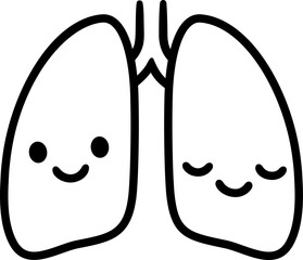 Cartoon lungs with cute smiling face. Hand drawn doodle style drawing, black and white line art icon. Isolated vector clip art illustration.