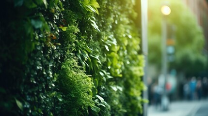 Closeup of a green wall made of recycled materials, adding a touch of nature to an otherwise industrial city street.