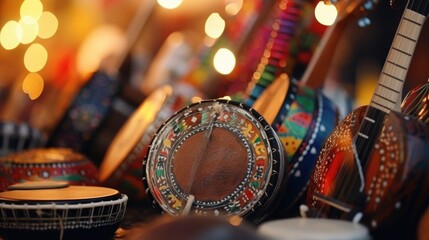 Closeup of a variety of unique musical instruments used in different cultures, signaling the importance of music in cultural diversity. - obrazy, fototapety, plakaty