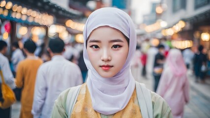 Fototapeta na wymiar Asian Muslim Beautiful Girl Ramadan Background