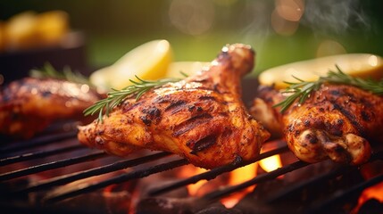 Closeup of a mouthwatering grilled chicken with char marks.