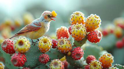 A macro photograph of a prickly pear cactus from the Canary Islands, with a beautiful bird eating...