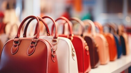 Detailed shot of a row of designer handbags in various shapes and sizes. - obrazy, fototapety, plakaty