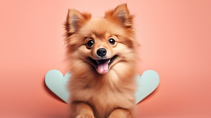 Happy cute small dog with hearts on pink background celebrating Valentine day. Valentine's day, birthday, mother's, women's day, holidays concept.