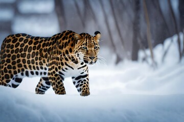 Amur Leopard, Panthera Pardus orientalism, walking through deep snow in winter
