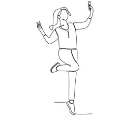 Continuous line drawing. Happy beautiful young woman holding mobile phone vector illustration