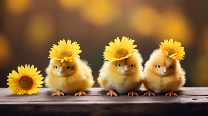 three cute little yellow chicks wearing flower hats on a blurred background.Happy Easter Spring background with copy space. 