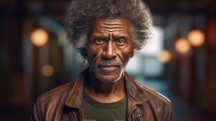 Obraz premium Photorealistic Old Black Man with Brown Curly Hair Futuristic Illustration. Portrait of a person in cyberpunk style. Cyberspace Ai Generated Horizontal Illustration.