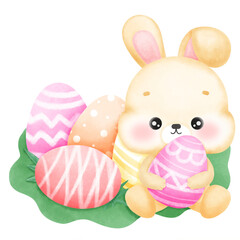 A rabbit sitting holding a pink egg