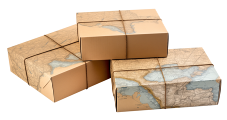 Earth map on cardboard boxs isolated on transparent background. The concept of aviation logistics.