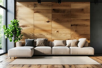 Contemporary wooden accent wall and sleek hardwood floors in a modern living room. Cozy home interior design of a stylish lounge area with minimalist furnishings.