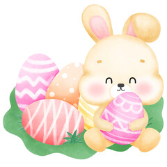 A rabbit sitting holding a pink egg