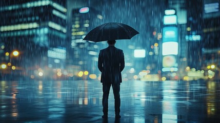 business insurance corporate risk malmanagement concept businessman with umbrella standing in rain in urban city landscape. generative ai