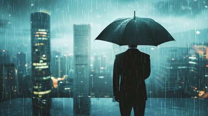 business insurance corporate risk malmanagement concept businessman with umbrella standing in rain in urban city landscape. generative ai