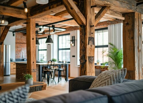 Exposed wooden beams and industrial-inspired elements in a modern living area. Interior design of a loft-style space with a close-up view, featuring a perfect blend of urban and natural elements.