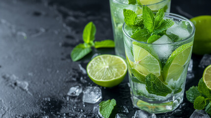 Mojito cocktail, muddled mint and lime, topped with soda