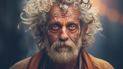 Photorealistic Old Indian Man with Blond Curly Hair Futuristic Illustration. Portrait of a person in cyberpunk style. Cyberspace Ai Generated Horizontal Illustration.