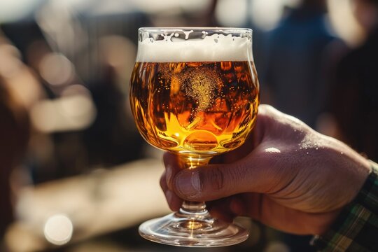 Person holding full beer goblet in sunlight with reflections
