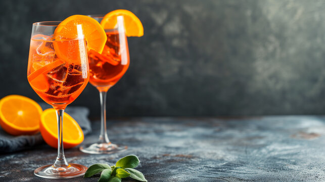 Aperol Spritz,  Aperol and Prosecco, served in a wine glass with an orange slice, Italian aperitivo