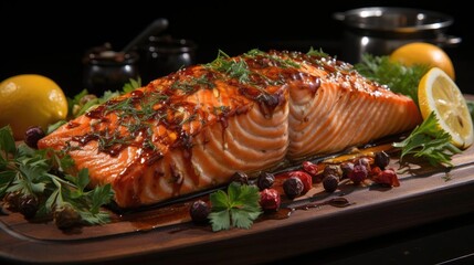 Delicious grilled salmon with vegetable topping, black and blurred background