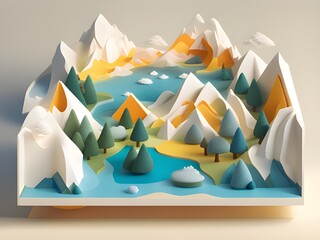 3d rendering of mountains and trees in paper cut style