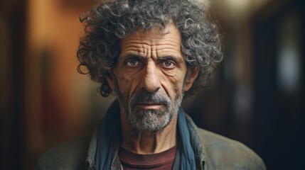 Photorealistic Old Latino Man with Brown Curly Hair Futuristic Illustration. Portrait of a person in cyberpunk style. Cyberspace Ai Generated Horizontal Illustration.