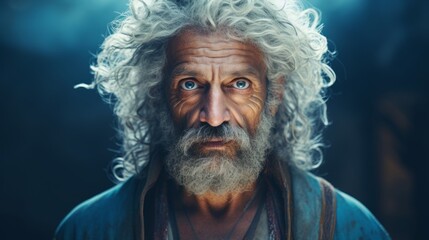 Photorealistic Old Persian Man with Blond Curly Hair Futuristic Illustration. Portrait of a person in cyberpunk style. Cyberspace Ai Generated Horizontal Illustration. - obrazy, fototapety, plakaty