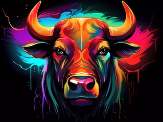 bull illustration in abstract, rainbow ultra-bright neon artistic portrait graphic highlighter lines on minimalist background. generative ai