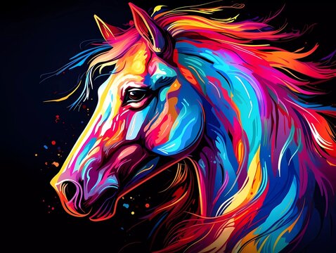 horse illustration in abstract, rainbow ultra-bright neon artistic portrait graphic highlighter lines on minimalist background. generative ai