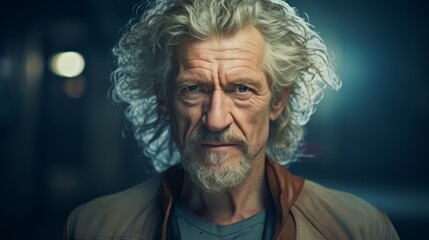 Photorealistic Old White Man with Blond Curly Hair Futuristic Illustration. Portrait of a person in cyberpunk style. Cyberspace Ai Generated Horizontal Illustration.