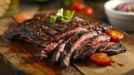 Flank steak, marinated and grilled, sliced against the grain - obrazy, fototapety, plakaty