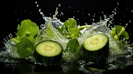 fresh green cucumber splashed with water on black and blurred background - obrazy, fototapety, plakaty