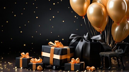 front view of black friday sale background with balloon ornaments, gift boxes and shopping carts