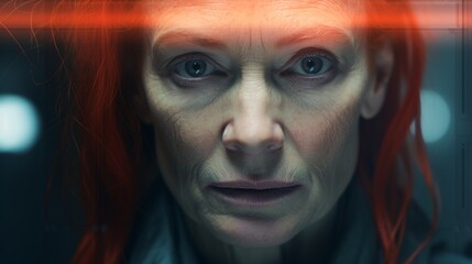 Photorealistic Old White Woman with Red Straight Hair Futuristic Illustration. Portrait of a person in cyberpunk style. Cyberspace Ai Generated Horizontal Illustration.