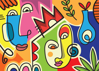 Abstract fine art vector portrait of people faces illustration. Line, colorful, hand drawn design for wall art, posters, cards, home decor, prints. Vector illustration