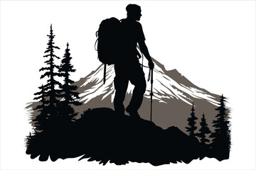Mountain Hiking Silhouette Vector, hiking man vector, mountain hiking man vector