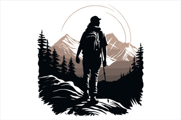 Mountain Hiking Silhouette Vector, hiking man vector, mountain hiking man vector