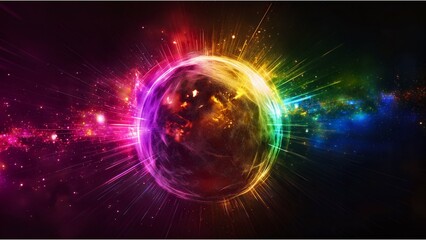 Obraz premium A sphere at the center where vivid pink and purple lights converge, emitting energy in the interstellar space of the universe. 