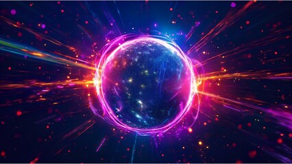 A sphere at the center where vivid pink and purple lights converge, emitting energy in the interstellar space of the universe.
