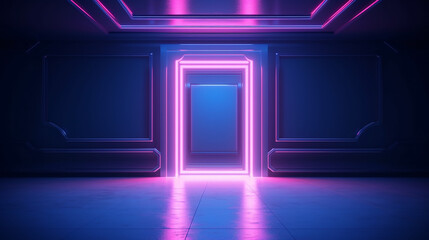 3d render blue pink neon door empty space abstract background