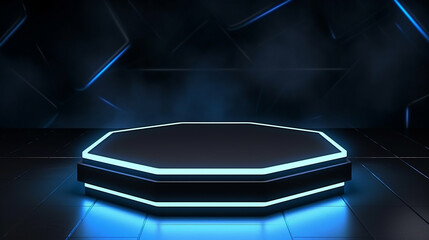 hexagon pedestal for display. blank product stand with light glow. 3D rendering