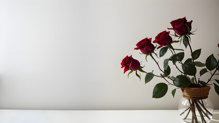 red roses bouquet in white wall background copy space