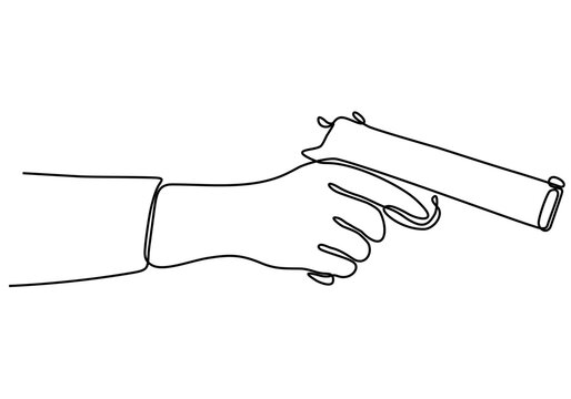 Continuous line art drawing of a hand holding a gun. One line drawing of a hand holding a gun