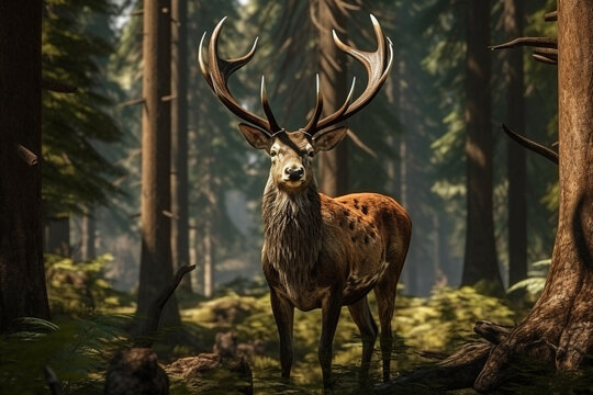 Deer, Cervus elaphus, with antlers growing on velvet.A huge deer in deep spruce forest. Wild animals in spring