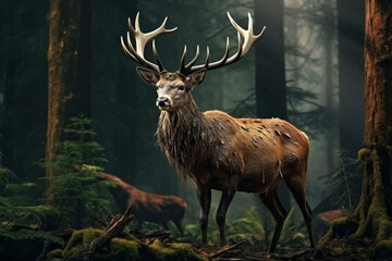 Deer, Cervus elaphus, with antlers growing on velvet.A huge deer in deep spruce forest. Wild animals in spring