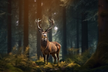 Deer, Cervus elaphus, with antlers growing on velvet.A huge deer in deep spruce forest. Wild animals in spring