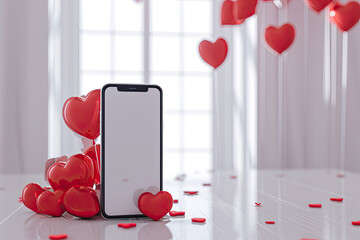 A mobile phone with a blank screen and valentine love balloons in the background