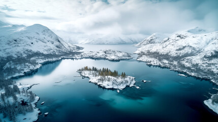 Fototapeta na wymiar Bird eye view of fjord, lake and snow mountains, In Scandinavia Winter Season, North pole, Northern Europe, Landscape