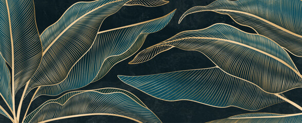 Dark luxury art background with tropical leaves in golden line art style. Botanical banner for wallpaper, decor, print, poster, textile, packaging, interior design. - 709421174